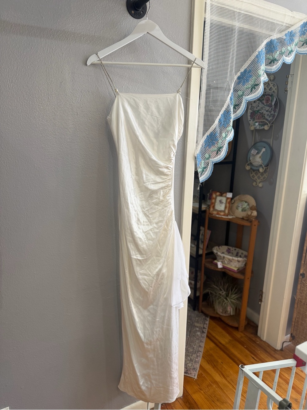 White Satin Slip Prom Dress with Chain Straps